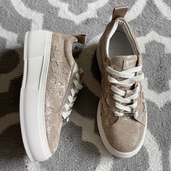 j slides gold sneakers